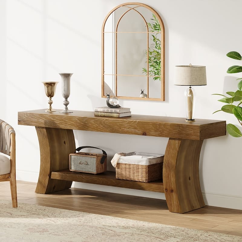 2-Tier Low Solid Wood Console Table for Living Room Entryway Hallway