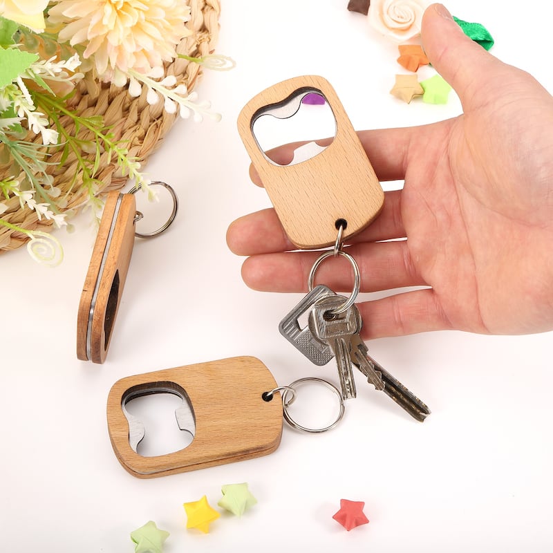 Wooden Bottle Opener, 2.6" Wood Handle Bottle Opener Keychain - Silver, Wood