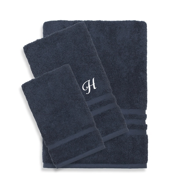 Authentic Hotel and Spa Omni Turkish Cotton Terry 3-piece Navy Blue Bath Towel Set with White Script Monogrammed Initial - H