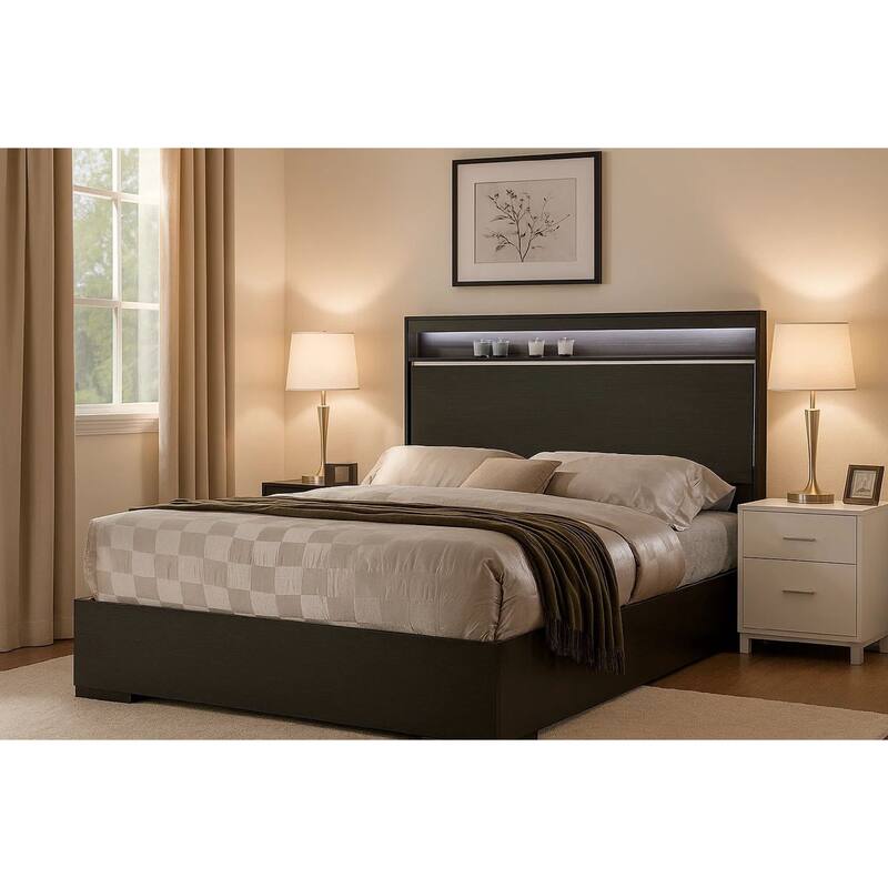 Transitional Wooden Queen Size Platform Bed with Chrome Trim Accents, Gray