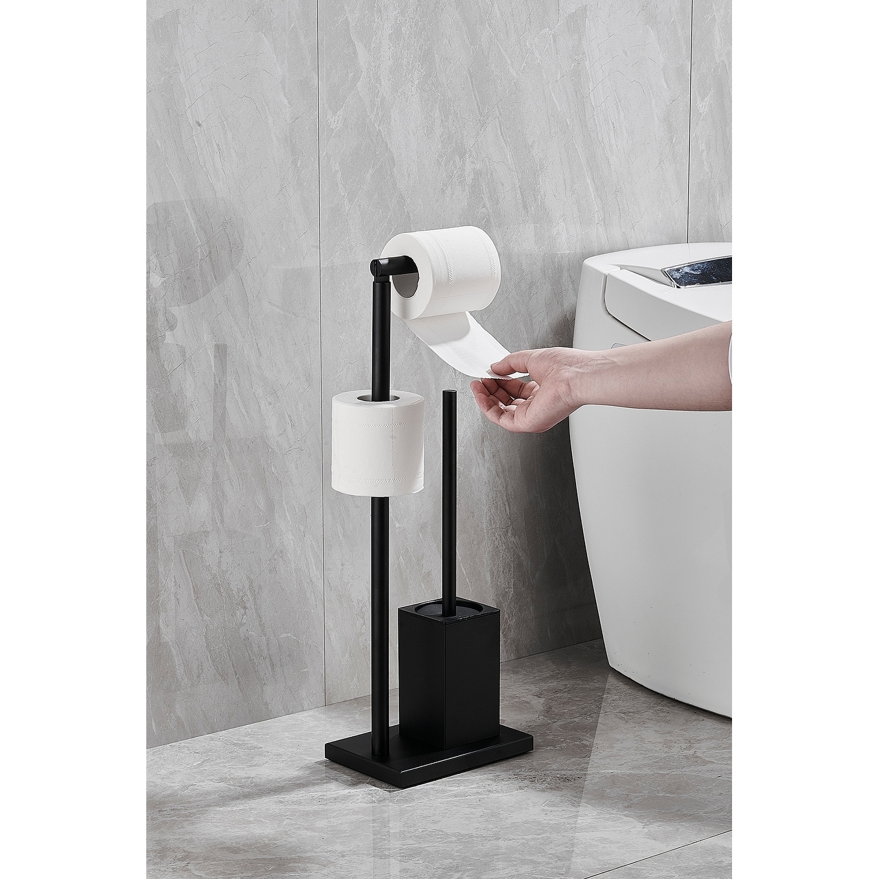 Freestanding Toilet Paper Holder With Brush in Matte Black - On