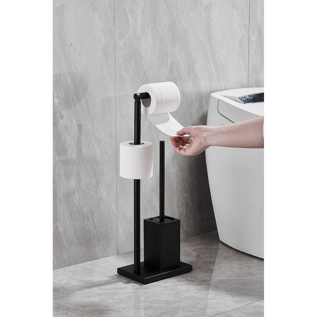 Freestanding Toilet Paper Holder With Brush in Matte Black Bed Bath