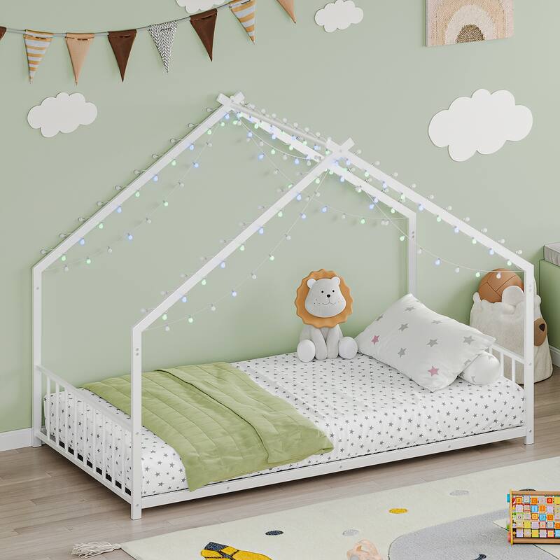 Metal Twin/Full Size Children's Bed Frame with LED Light Strips, Heavy Duty Metal Floor House Bed Frame with Roof Design