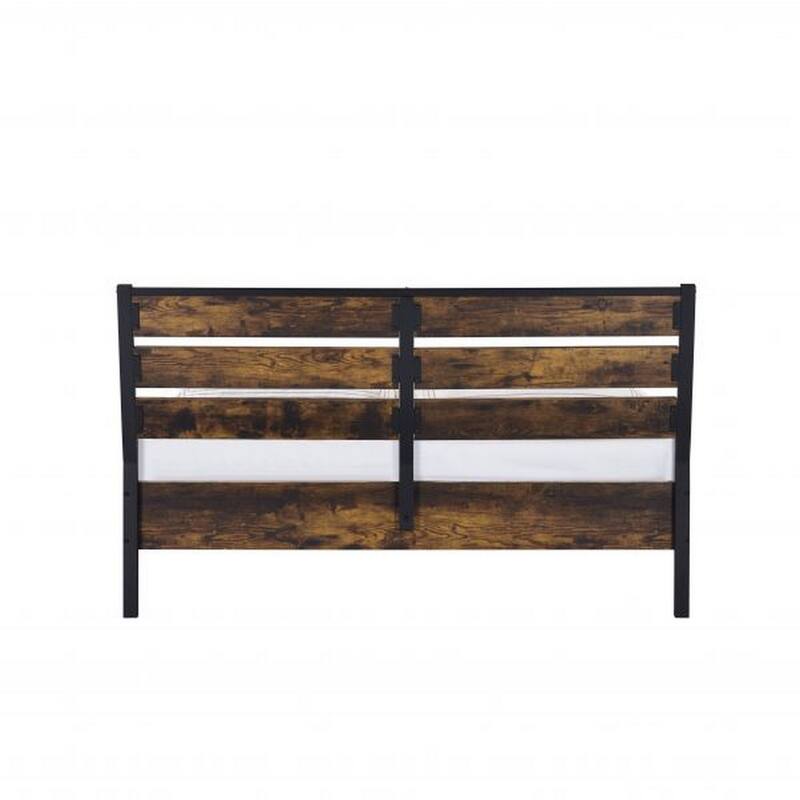 Eastern King Bed with Panel Headboard and Metal Slats, Brown and Black
