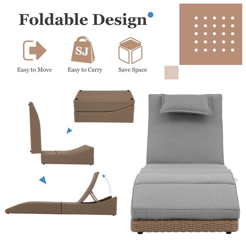 Patio Wicker Chaise Lounge Recliner Foldable Chair, w/ 5 Adjustable Back Positions & Cushion