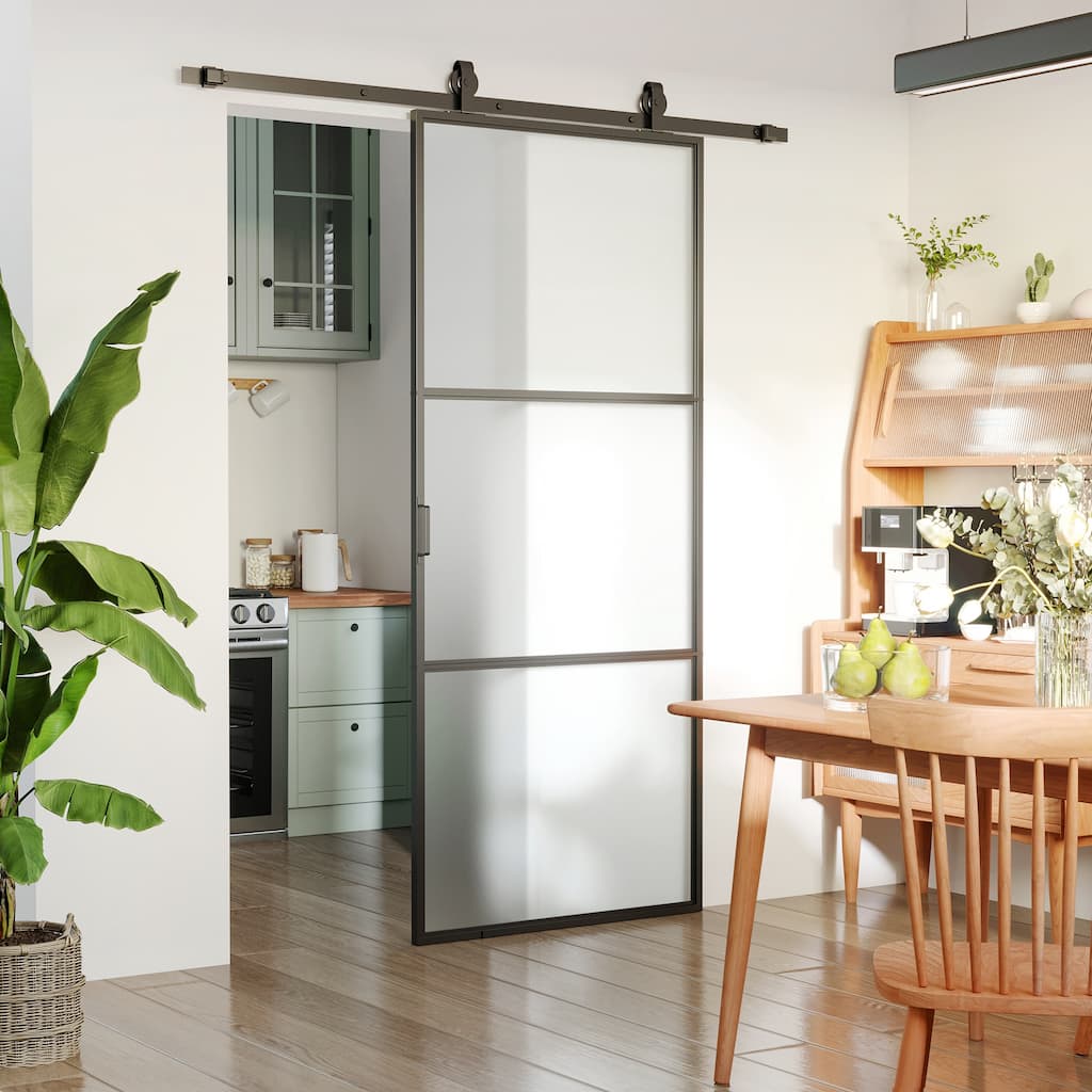 HOMCOM 36" x 84" Sliding Door with Hardware Kit, Handle, & Track, Industrial Frosted Tempered Glass Door with Carbon Steel