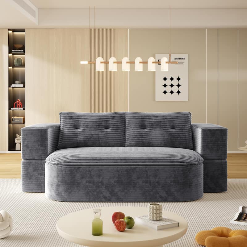 78.7" W 2-in-1 Foldable Corduroy Deep Seating Convertible Sofa Floor Sofa Bed - Dark Grey