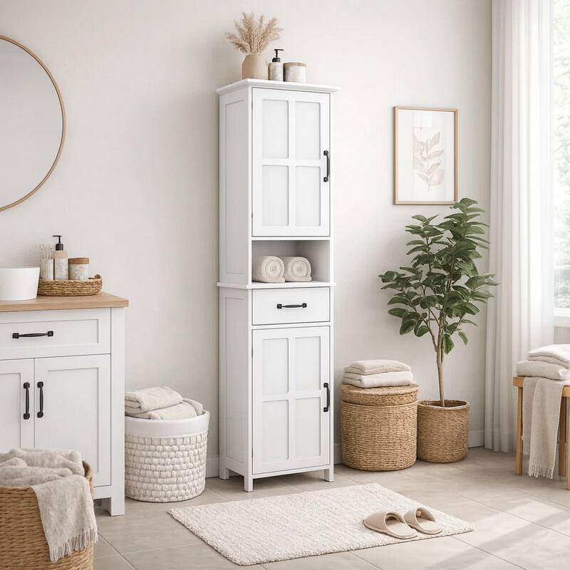 65 Inch Tall Standing Cabinet with 1 Open Shelf, Black Metal Handles, White