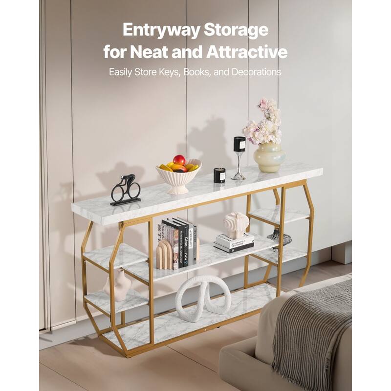 Modern 3 Tier Marble Console Table with Gold Accents and Storage - 70.87 x 13.77 x 35.82 in