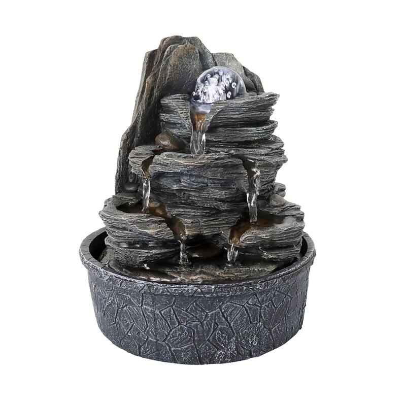 Cascading Rockery Water Fountain with LED Lights, Resin Water Feature