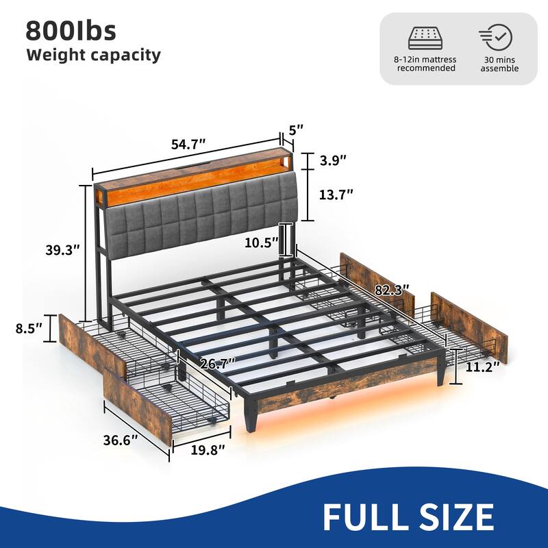 Moasis King/Queen/Full Size Upholstered Platform Bed with Charging Station and Storage Headboard - Full