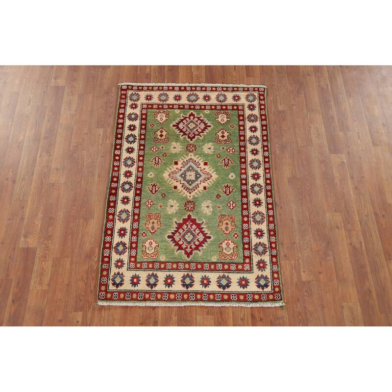 Light Green Geometric Kazak Foyer Rug Hand-Knotted Wool Carpet - 2'10" x 4'2"