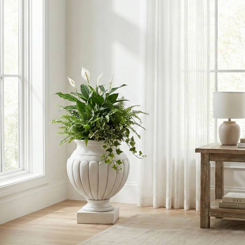 Christopher Knight Home - 23.03"H Classical Scalloped Lightweight Concrete Pedestal Urn Planter for Garden & Front Porch - Antique White