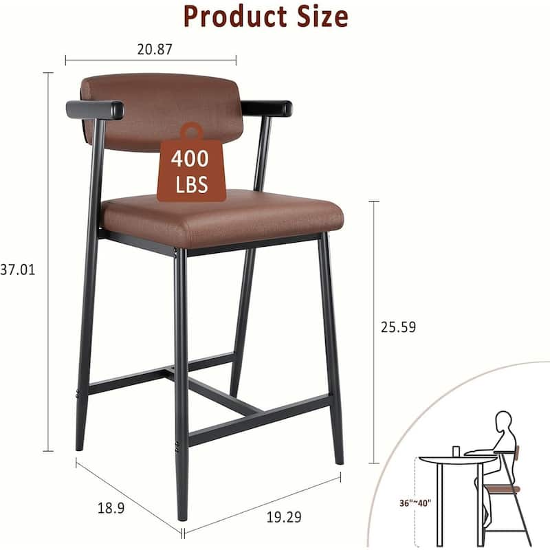 26" Counter Height Bar Stools Set of 2/4 with Arms, 2PCS/4PCS Modern Bar Stools Set with Back & Upholstered Wider Seat
