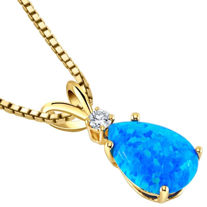 14k Yellow Gold Gold Pear Shape Created Blue Opal Diamond Pendant