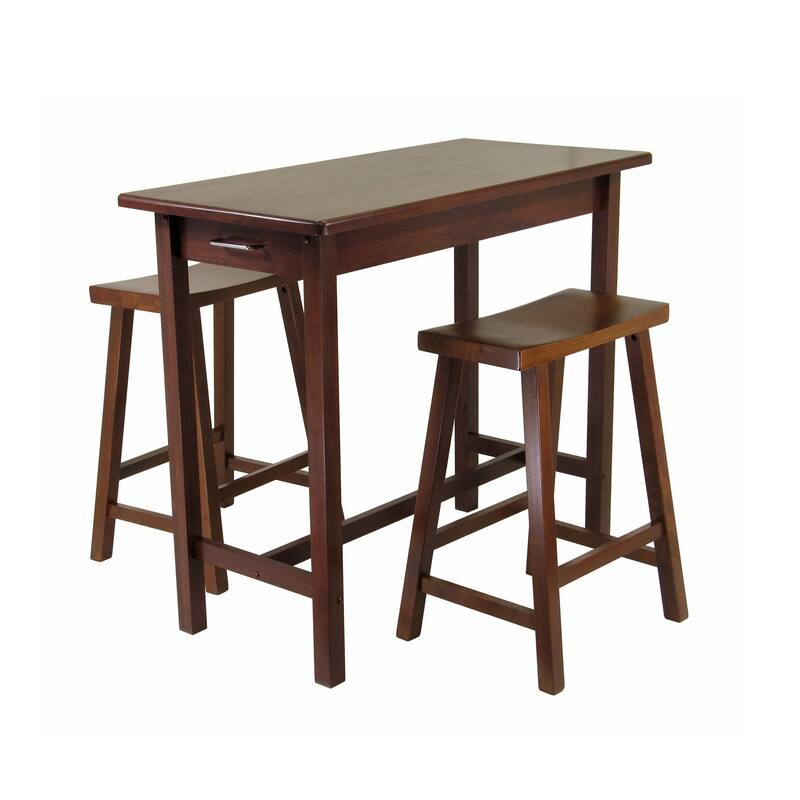 3 Walnut Brown Wooden Kitchen Isl with Saddle Seat Stools 39.25"