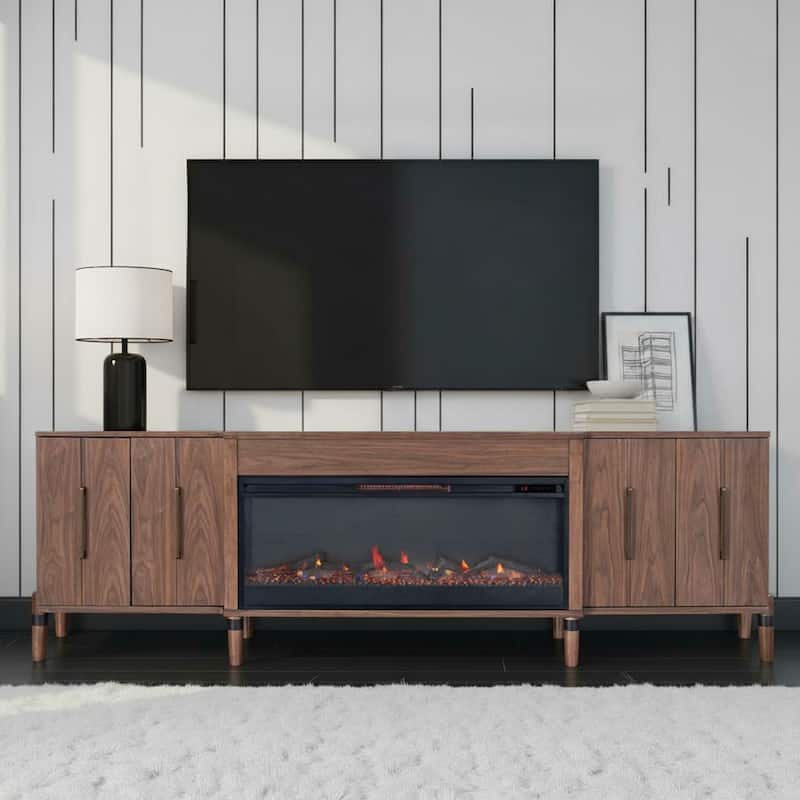 Bridgevine Home Tranquility 94 inch Fireplace TV Stand, for TVs up to 100 inches, Minimal Assembly, Walnut Finish