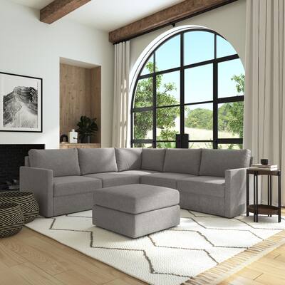 Flex Gray Fabric 5-Seat Sectional with Narrow Arm and Ottoman - 103" x 37" x 103"