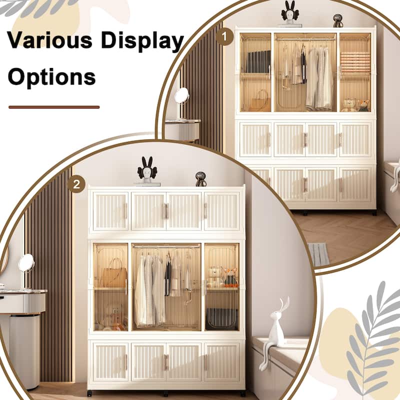 Portable Wardrobe Closet Organizer with 12 Magnetic Doors, 12 Cubes, Hanging Rod & 6 Hangers, Plastic Storage Cabinet