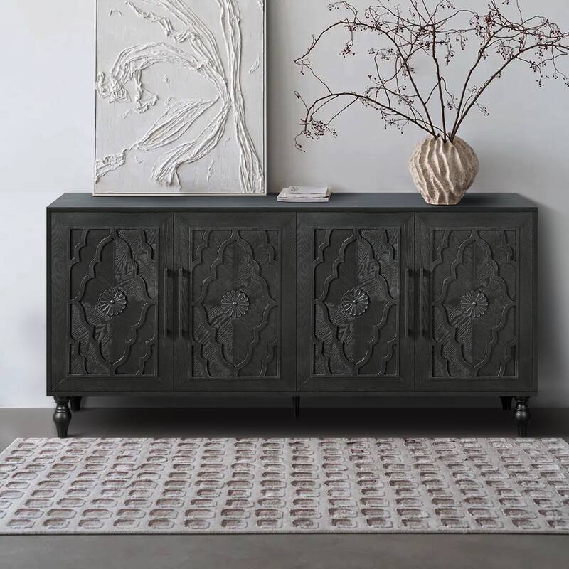 63'' Cabinet with Metal Handle, Carved Flower Doors, Mordern Sideboard Console with Adjustable Shelves for Living Room, Kitchen