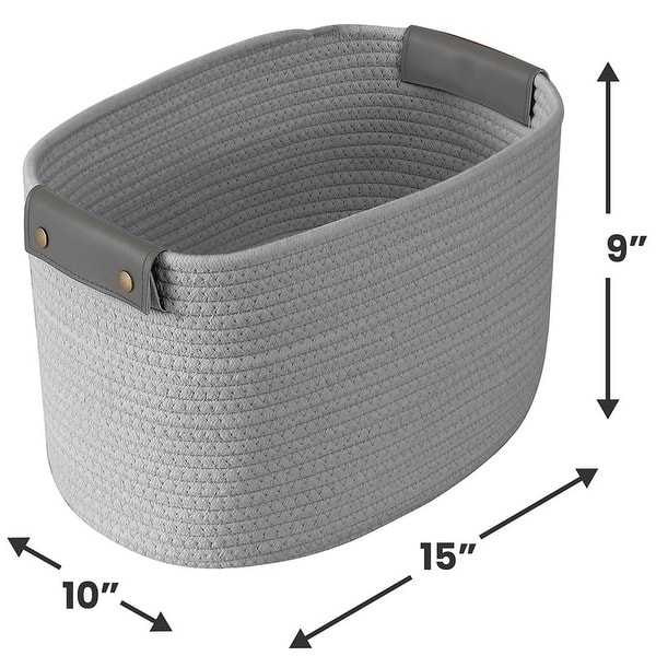dimension image slide 4 of 5, 3 Pack Woven Cotton Rope Shelf Storage Basket with Leather Handles, Baby Nursery Storage Bin Organizers, Closet Shelf Storage