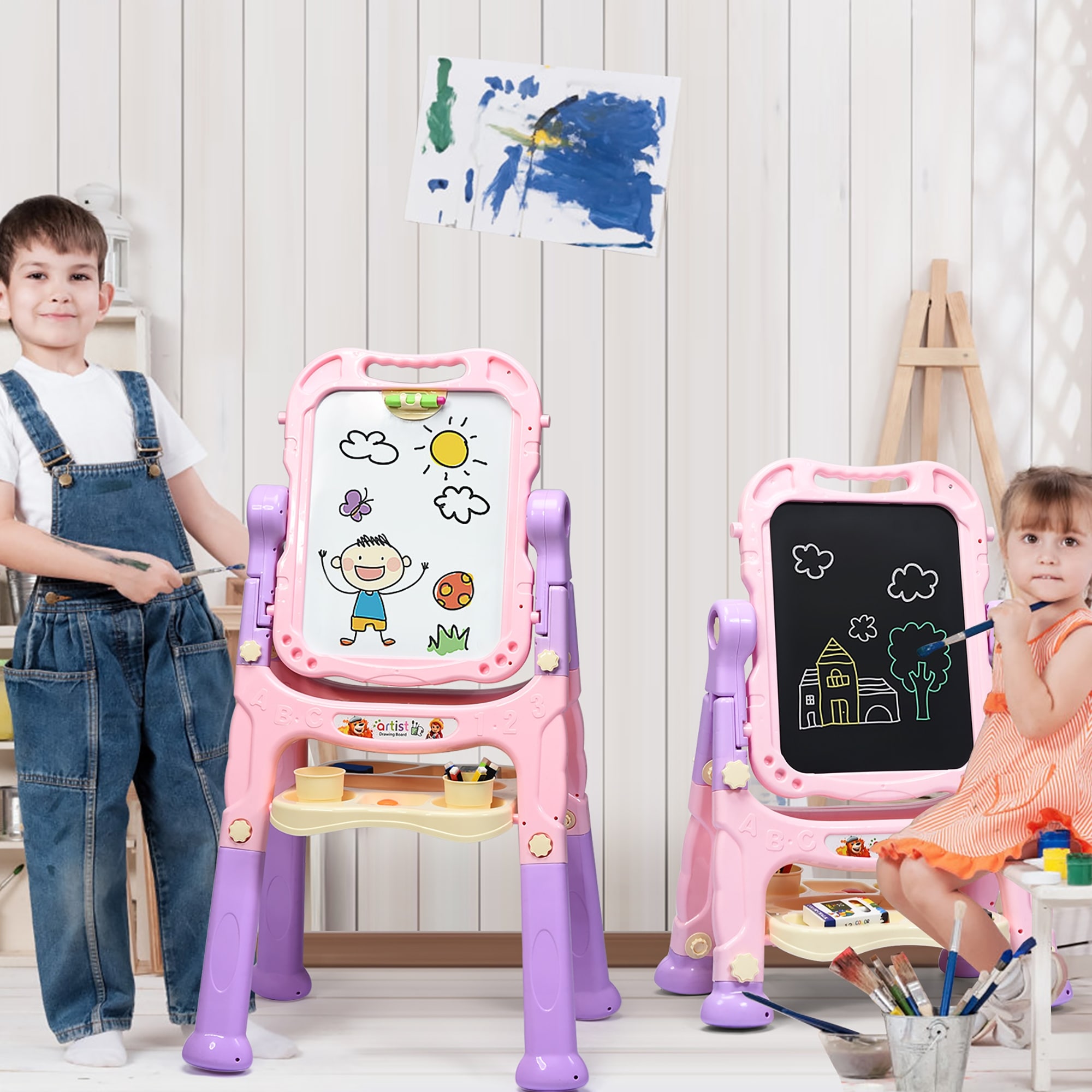 OHKIDS Art Easel for Kids, Doubled Sided Wooden Drawing Board for Toddlers,  Magnetic Chalkboard & Whiteboard, Height Adjustable & Easy Fold, Paper