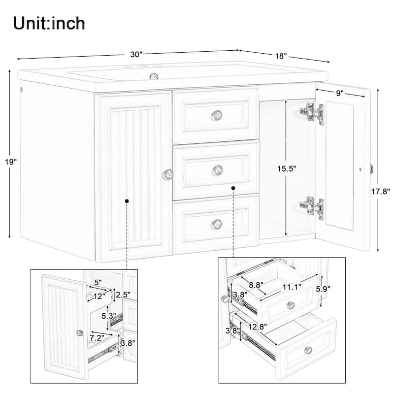 30" Wall Mounted Bathroom Vanity with Sink