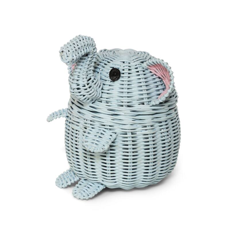 Blue Elephant Rattan Storage Basket With Lid Hand Woven Shelf Organizer Cute Handmade Gift Wicker