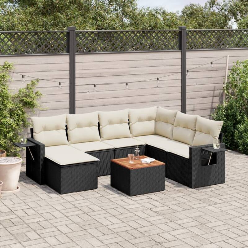 vidaXL Garden Sofa Set PE rattan Medium Modular Garden Sofa Set - Black and Cream corner + Table + 3x middle - 24.4 x 24.4 x 27.2 in (W x L x H)