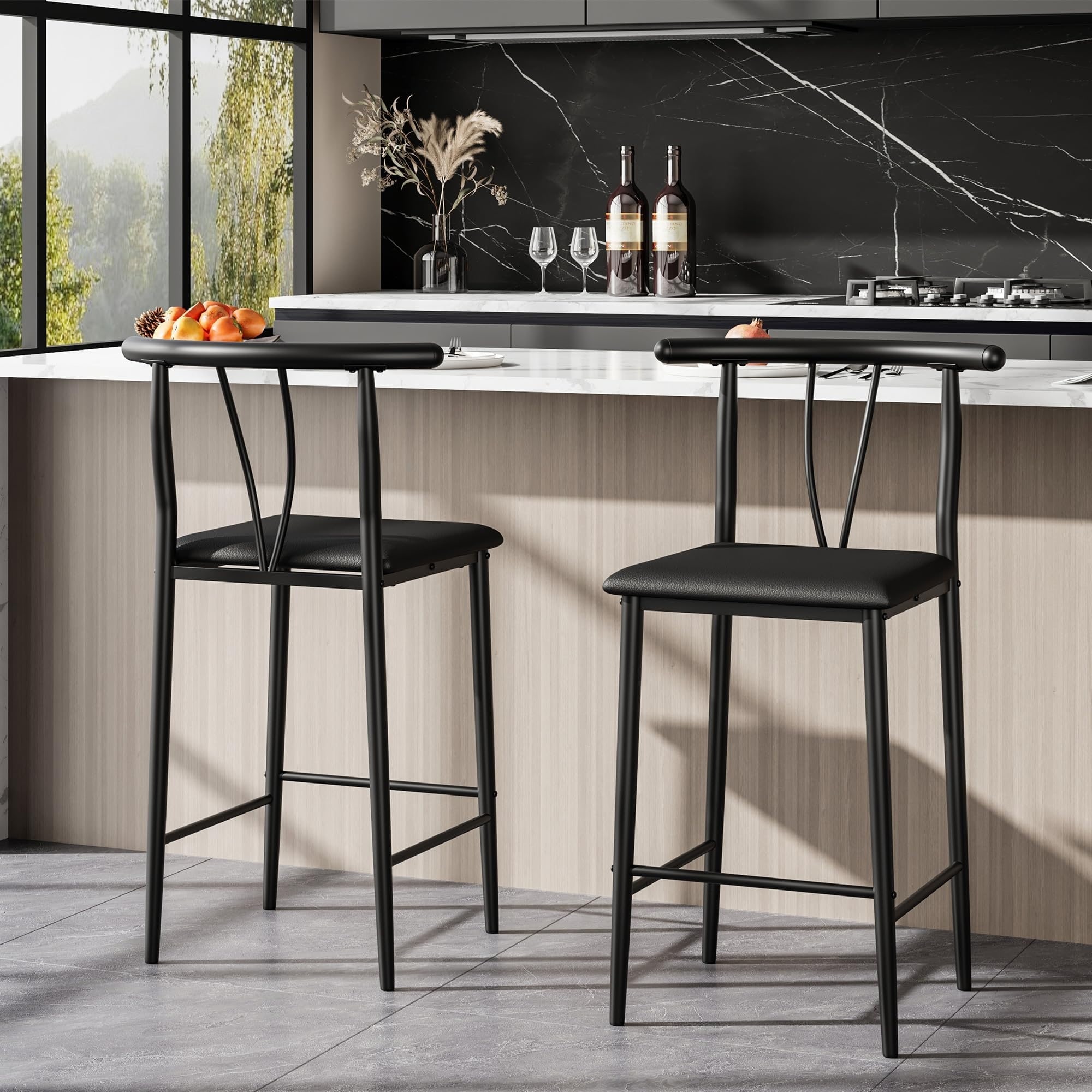 Modern 25.2 inch Counter Height Bar Stools, Set of 2, Wide PU Leather Upholstered Seat with Curved Back