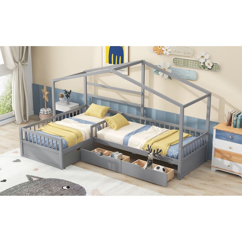 Roomfitters Twin House Platform Bed with Roof-Inspired Frame and Three Underbed Compartments