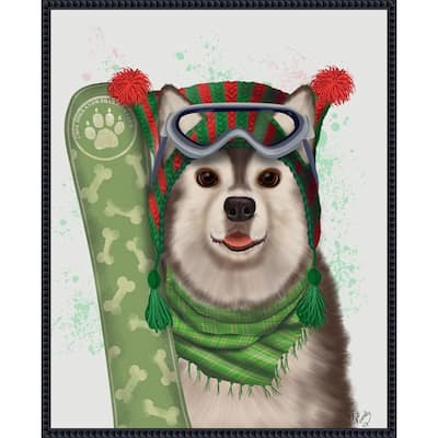 Christmas Husky Snowboard by Fab Funky (23 x 28 in.), Framed Canvas Wall Art Print - Sylvie Beaded Black