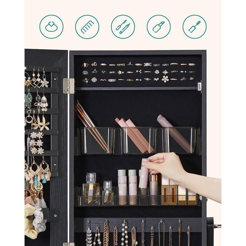 Black MDF Jewelry Cabinet Full Length Mirror 2 in 1 Organizer Storage Shelves Lockable - 16.2"L x 14.4"W x 59.8"H