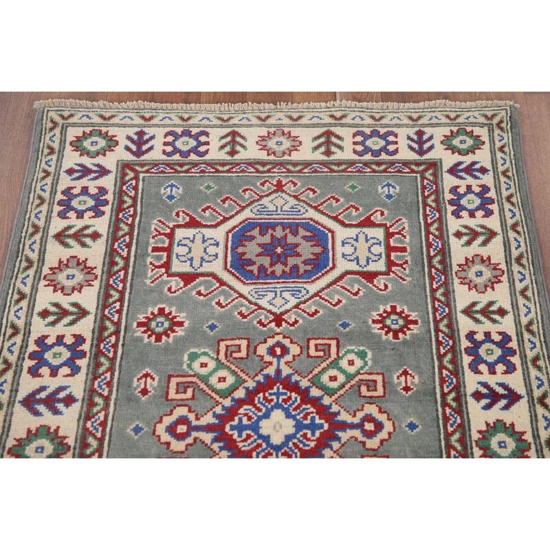 Hand Knotted Oriental 100% Wool Carpet Traditional Geometric Green Kazak Area Rug - 6' 3'' X 2' 9''