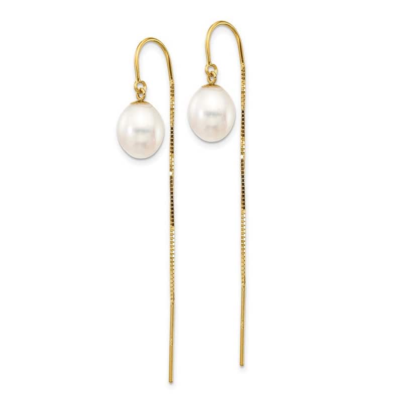 Curata 14k Yellow Gold 7-8mm White Rice Freshwater Cultured Pearl Box Chain Threader Earrings (56.6mm)