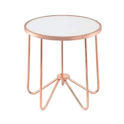22 in. Frosted Glass/Rose Gold Round Glass End Table, Sturdy Build End Side Table for Living Rooms