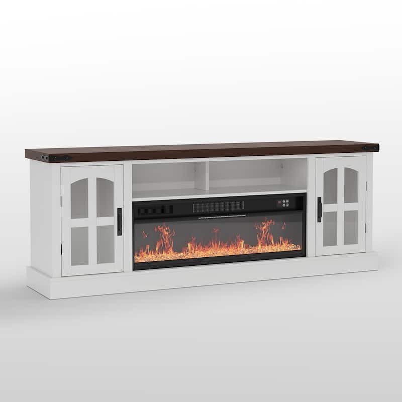 Meyreso 70.8" Vintage Fireplace TV Stand with 36" Electric Insert, Arched Glass Doors & LED Lighting