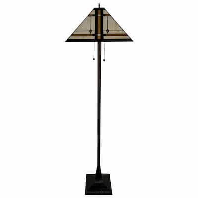 Brown Metal Traditional Floor Lamp with Stained Glass Shade and Pull Chain - 17” x 17” x 62” (D x W x H)
