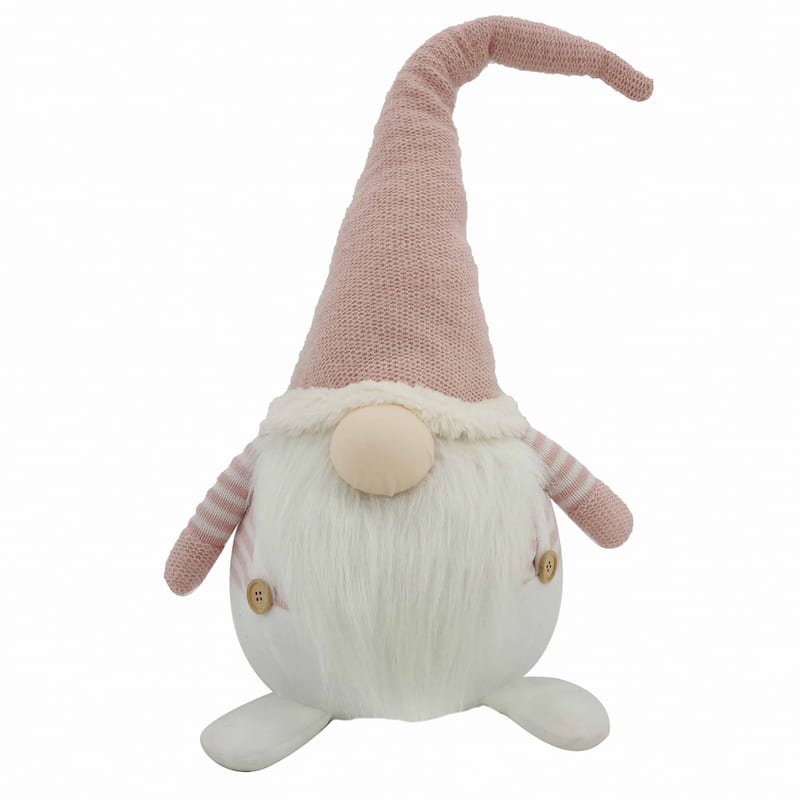HomeRoots 29" Pink And White Fabric Christmas Standing Gnome Tabletop Sculpture - 10.5" W x 14" D x 29.25" H