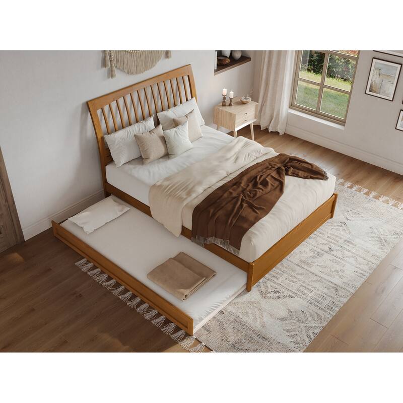 Roslyn Platform Bed with Modern Panel Footboard and Twin XL Trundle - Light Toffee - Queen
