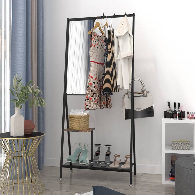 Industrial-Style Foyer Coat Rack with Shoe Cabinet Mirror, Aluminum Frame, for Living Room and Bedroom - Black