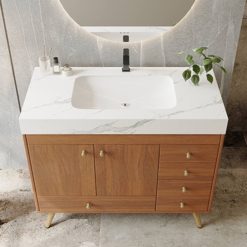 36" Bathroom Vanity with Faux Marble Top & Ceramic Sink, 5-Drawer Storage Cabinet with Stainless Steel Legs