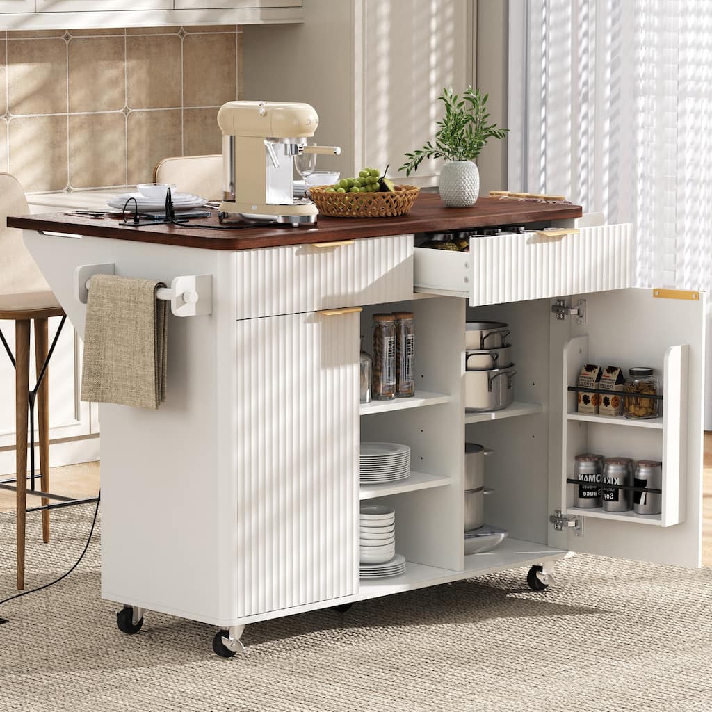 52 Inch Fluted Kitchen Island with Drop Leaf Adjustable Shelves and Power Outlet