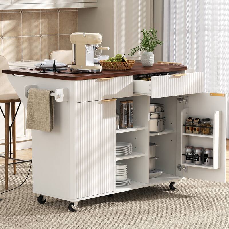 Fluted 52" Kitchen Island Cart with Drop Leaf, Power Outlet, Rolling Island Table with Adjustable Shelves for Versatile Storage