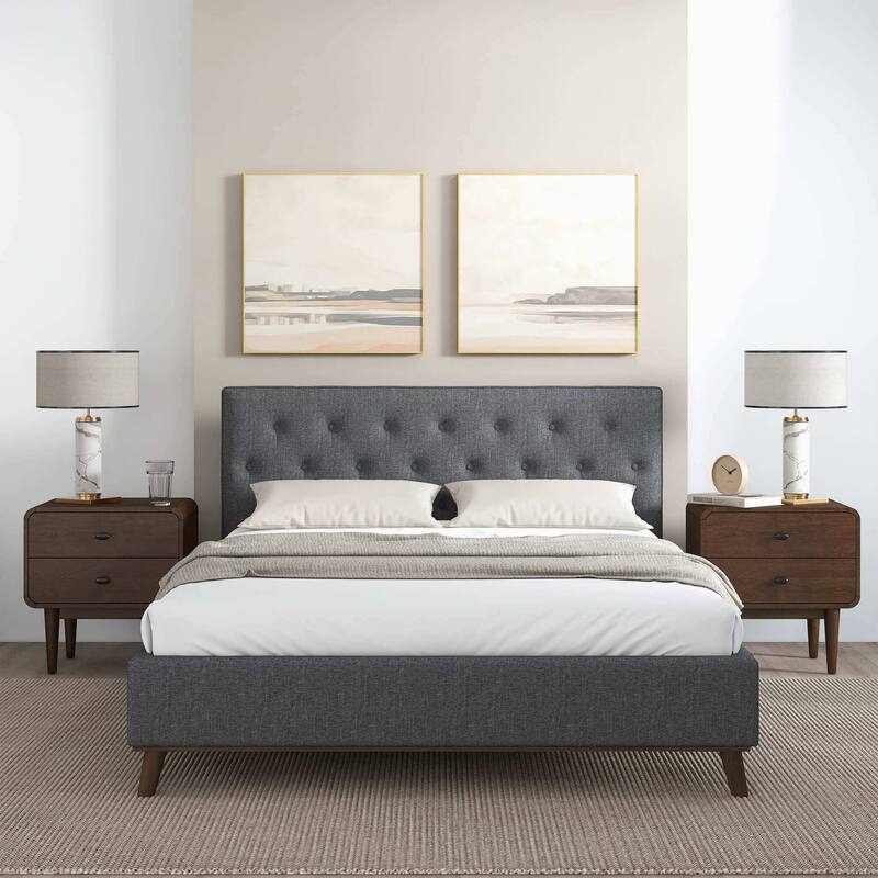 Queen Size Modern Upholstered Platform Bed with Tufted Headboard and Solid Wood Frame, Fabric Grey