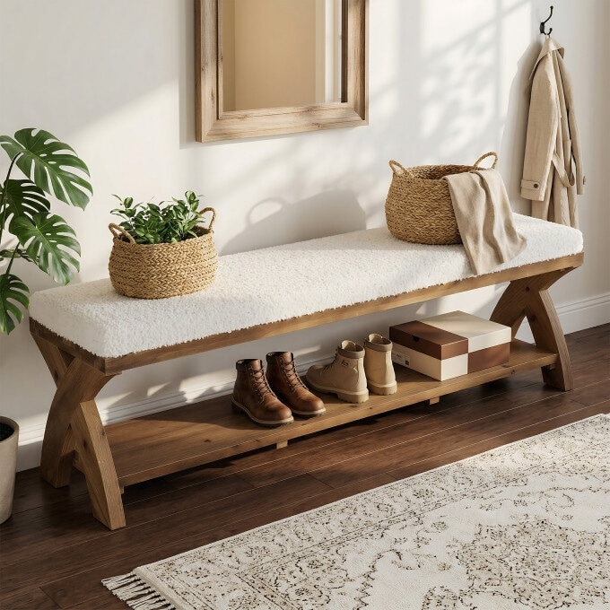 55.11''Solid Wood Entryway Shoe Bench with Cushion & Storsge Shelf