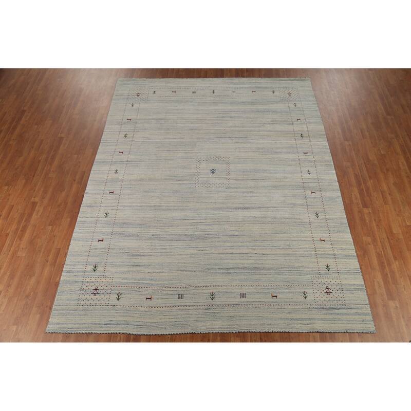 Striped Tribal Gabbeh Oriental Area Rug Hand-Knotted Beige Wool Carpet - 9'3"x 11'7"