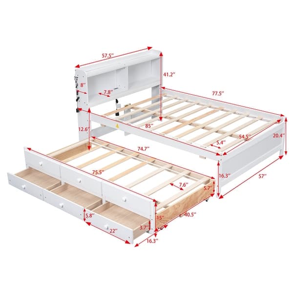 Full Size Captain's Bed Storage Daybed with Trundle, Built-in USB, Type-C Ports & LED Light, Versatile Wooden Platform Bed Frame