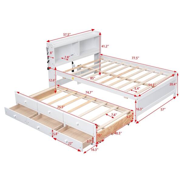 Superior Quality Captain Bed with Type-C USB Ports, Wood Platform Full Bed Frame with LED Light Headboard & Trundle, White