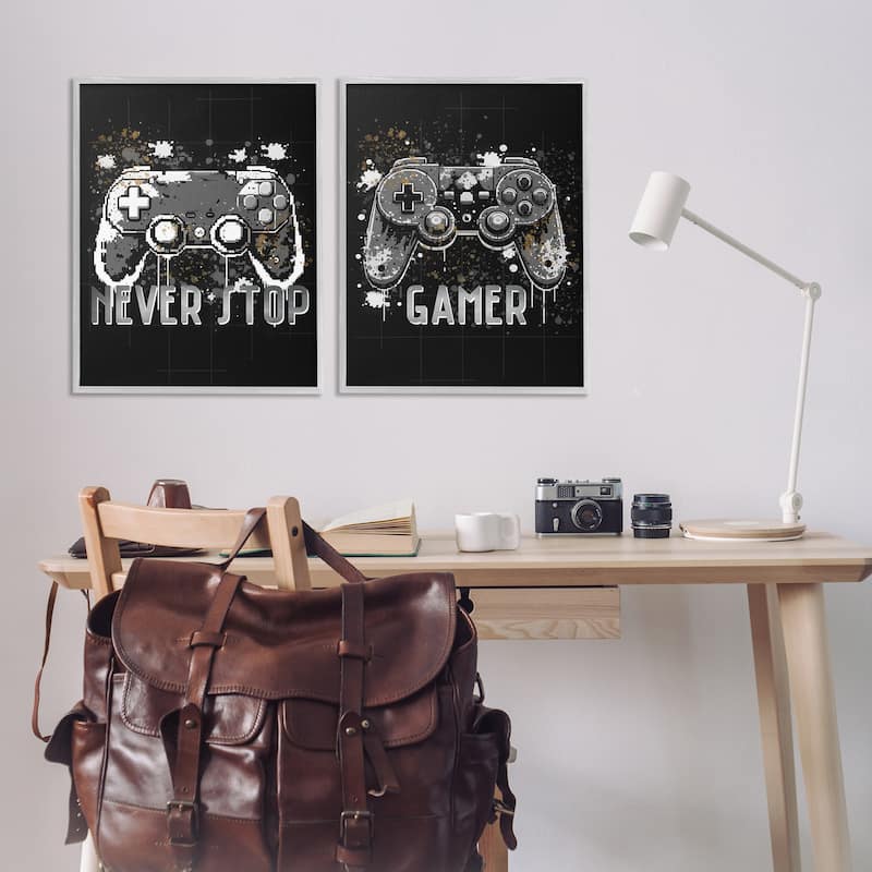 Stupell Modern Gamer Controller Phrases Framed Giclee Art Design By Kim Allen (Set of 2)